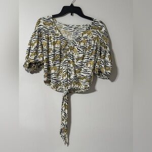 Topshop Tiger & Zebra Print Tie-Front Top with Puffy Sleeves - Size US 6